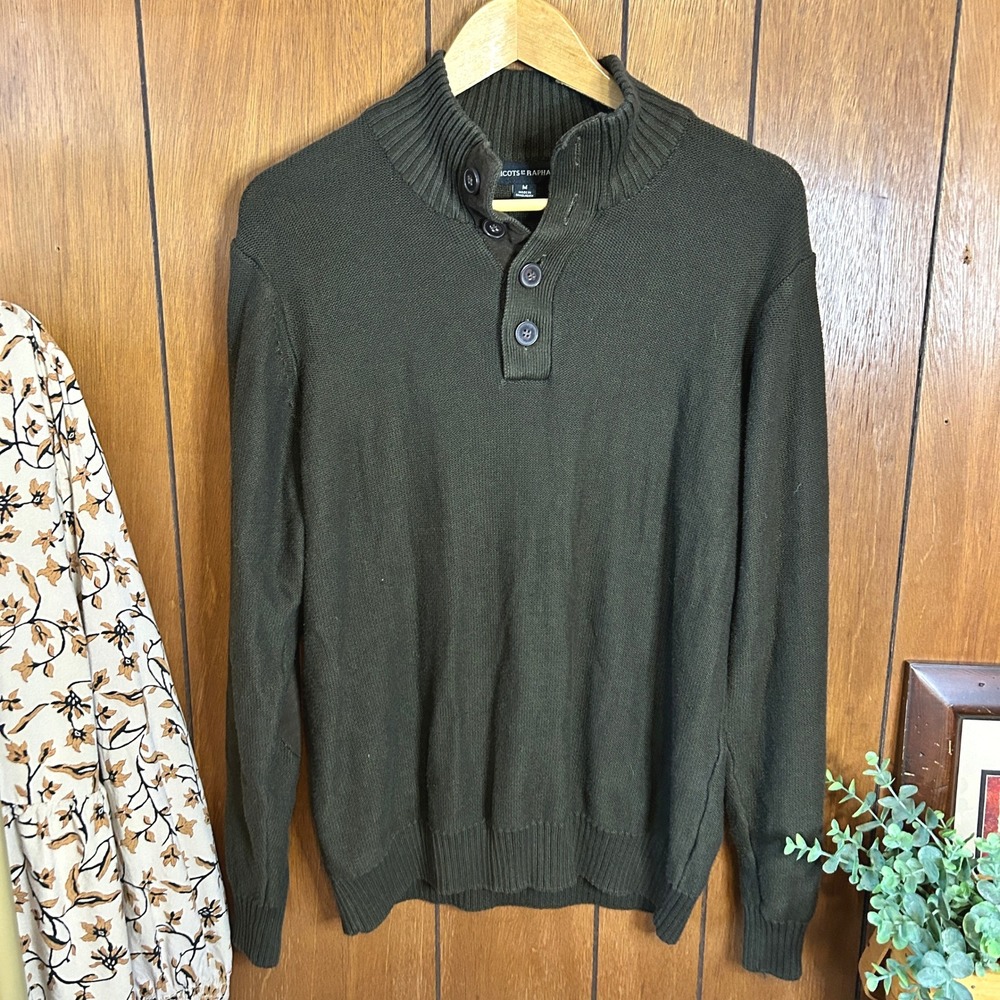 Tricots St Raphael Mens Olive Green Mock Neck Button Elbow‎ Patch Sweater M